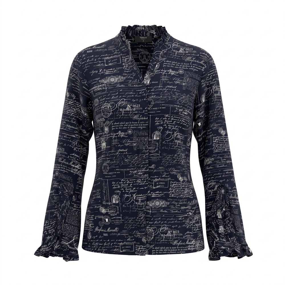 Tahari Newsprint Blouse M Navy French Script Ruffle‎ Bell Sleeve Dark Academia